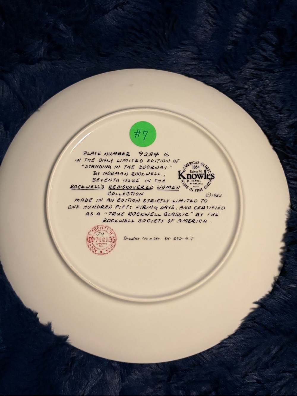 Knowles Collectible Decorative Plate Backstamp with Handwritten Edition Details - Picture 2 of 3